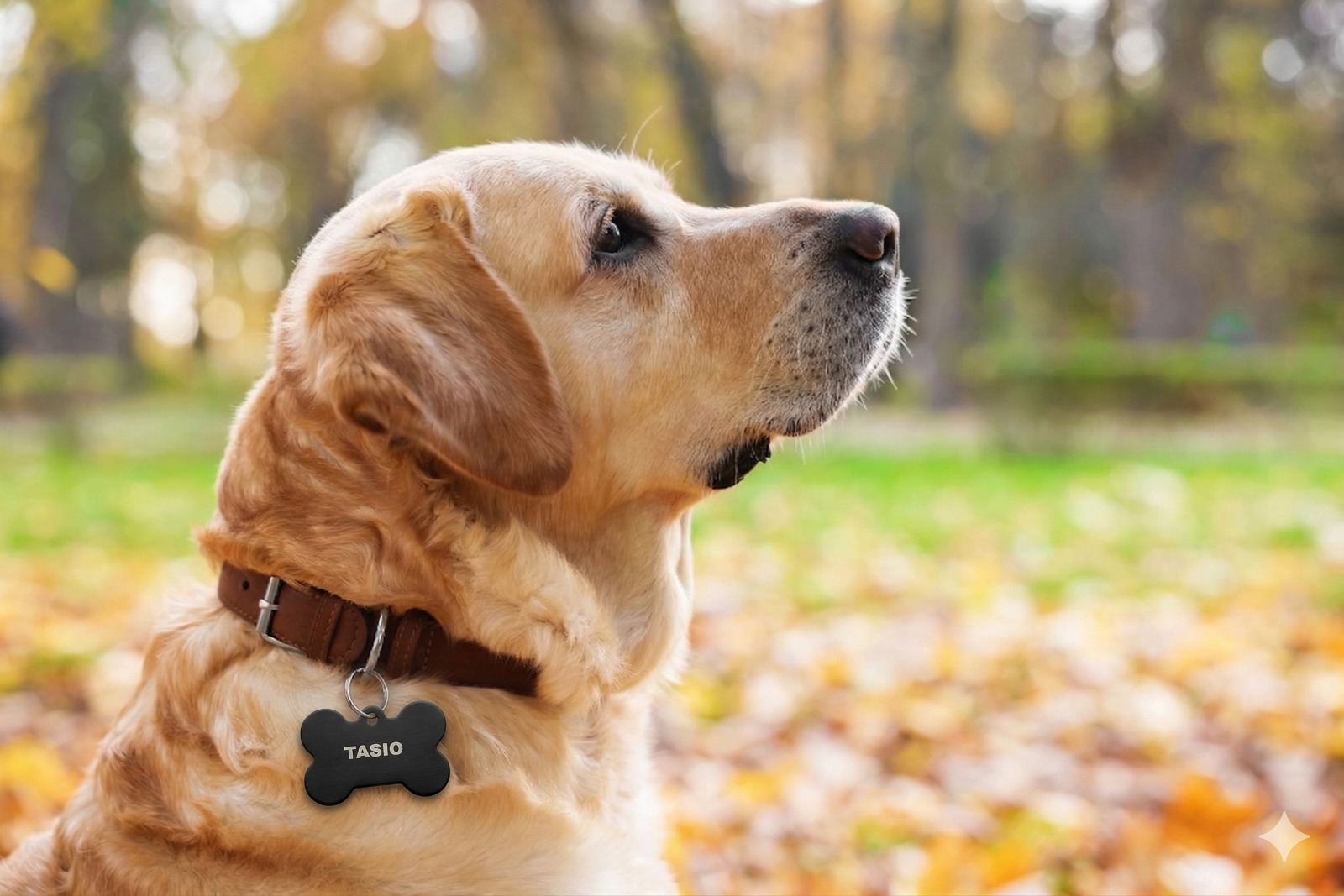 Perro con chapita personalizada grabada con láser